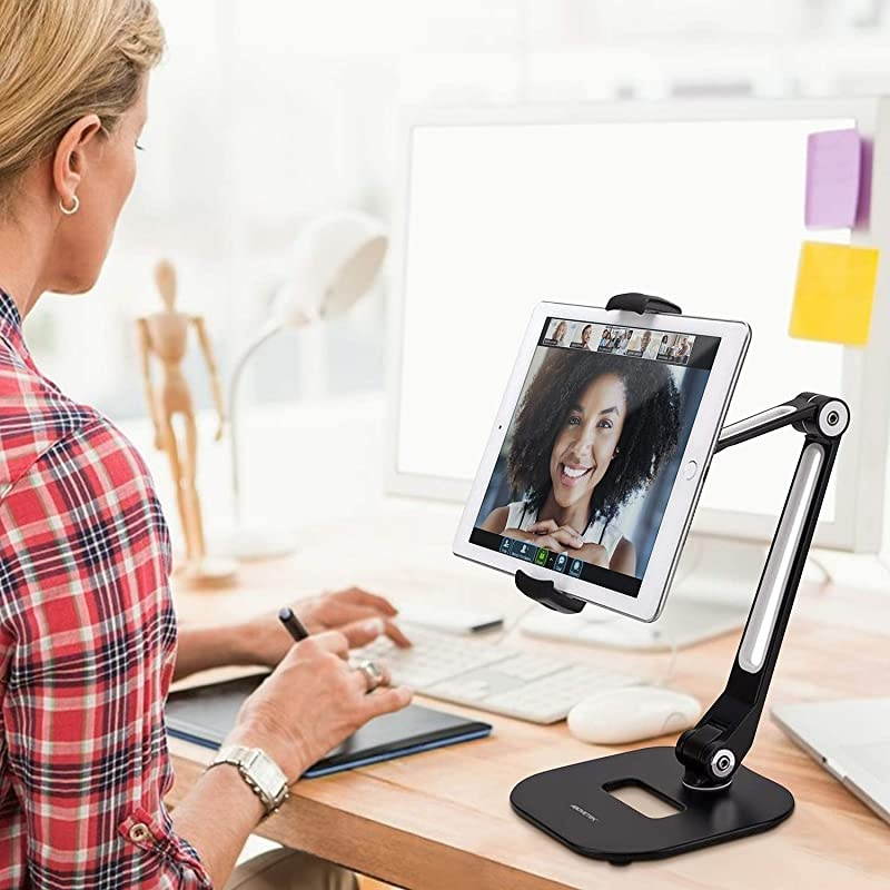 Long Arm Aluminum Tablet Stand, Folding iPad Stand with 360&deg; Swivel iPhone Clamp Mount Holder, Fits 4-11" Display Tablet/Phones for Kitchen Table Bedside Office Desk POS Kiosk Reception