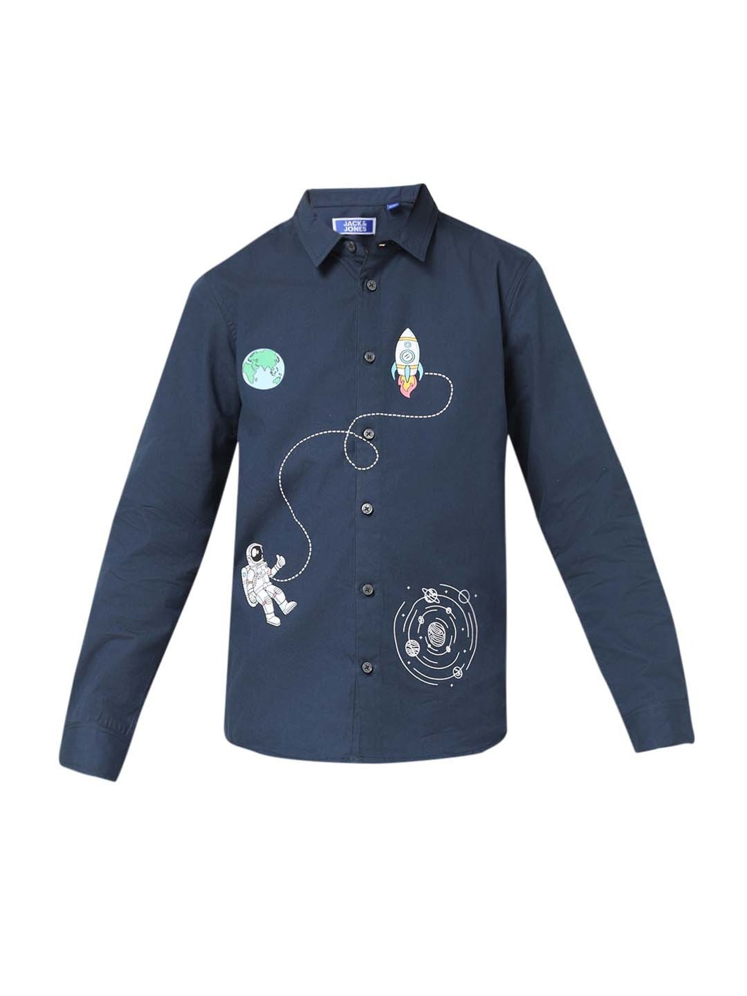 Jack & Jones Junior Poseidon Blue Cotton Printed Full Sleeves Shirt