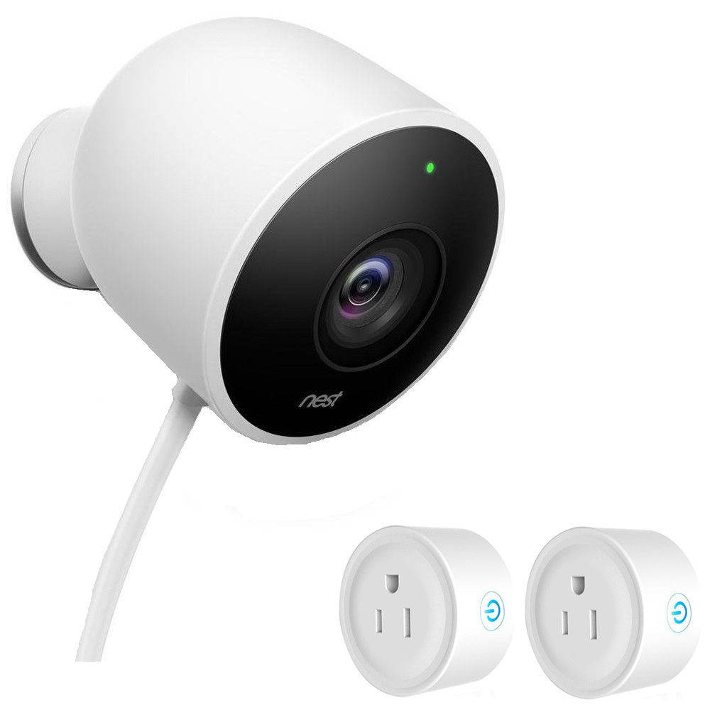 Nest Outdoor Security Camera, White w/ 2 Pack Wifi Smart Plug