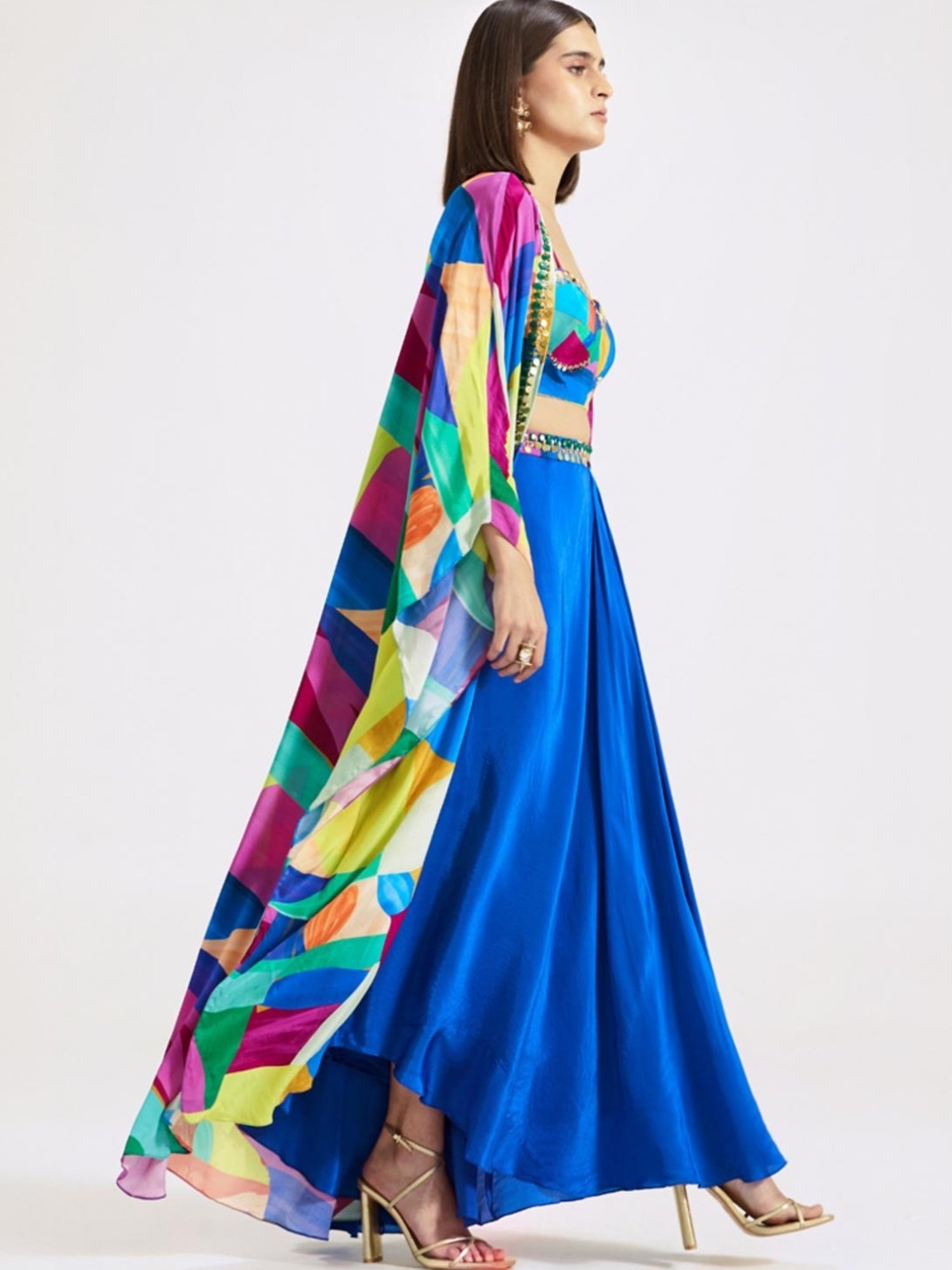 Basanti Kapde aur Koffee Multi Color Skirt with Blouse and Cape