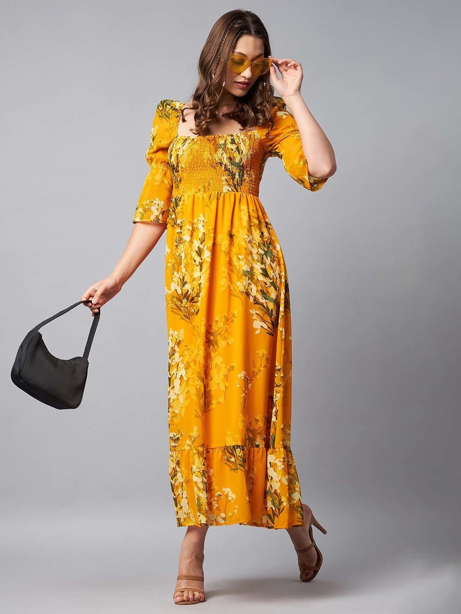 StyleStone Yellow Floral Print Maxi Fit & Flare Dress