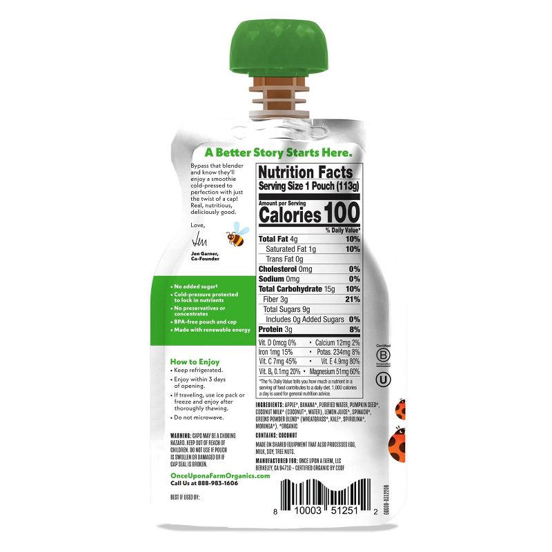 Once Upon A Farm Organic Dairy-Free Go-Go Greens Kids' Smoothie - 4oz Pouch