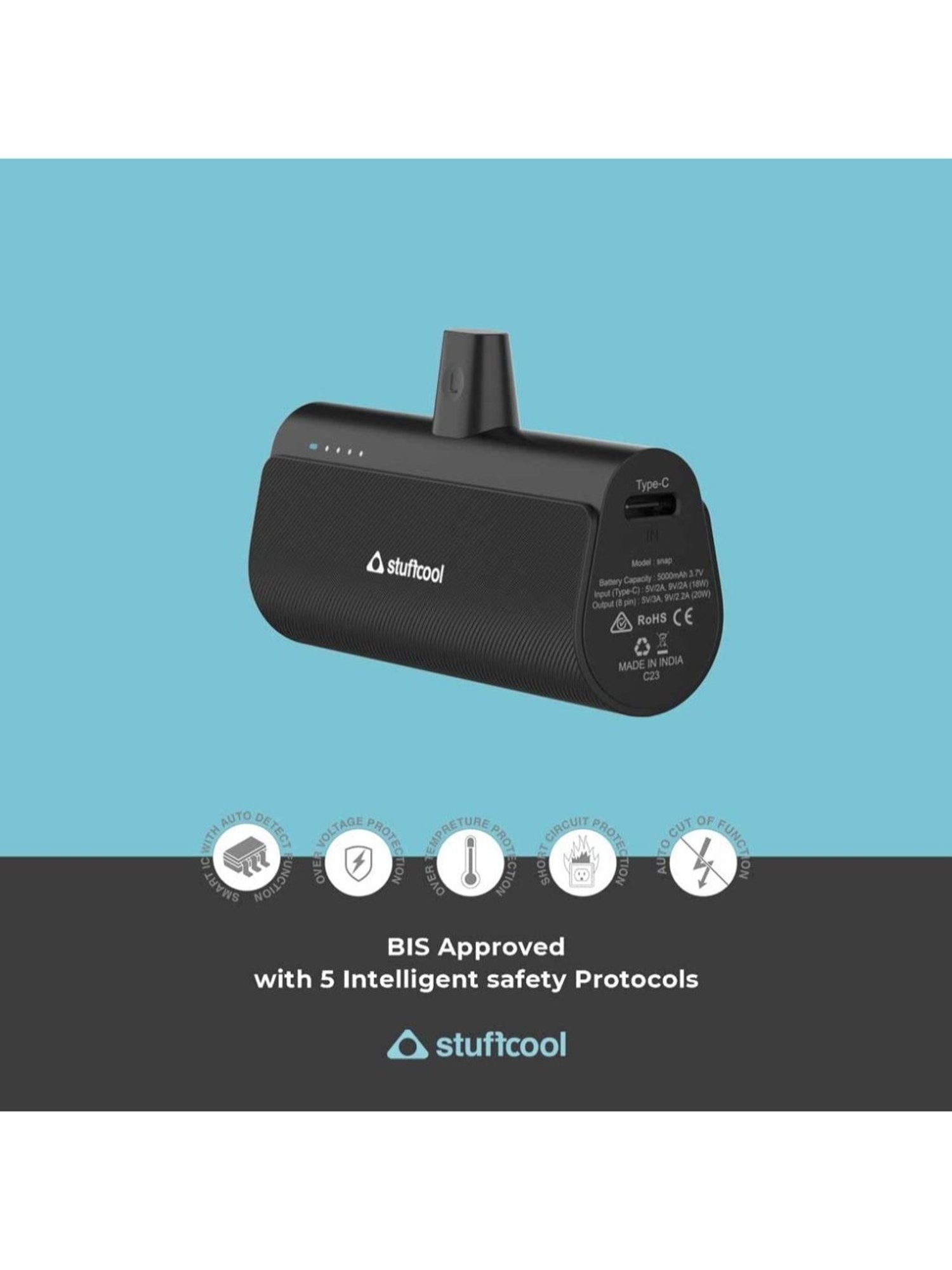 Stuffcool Snap 5000mAh Super Compact Lightning Power Bank with 20W PD Output (Black)