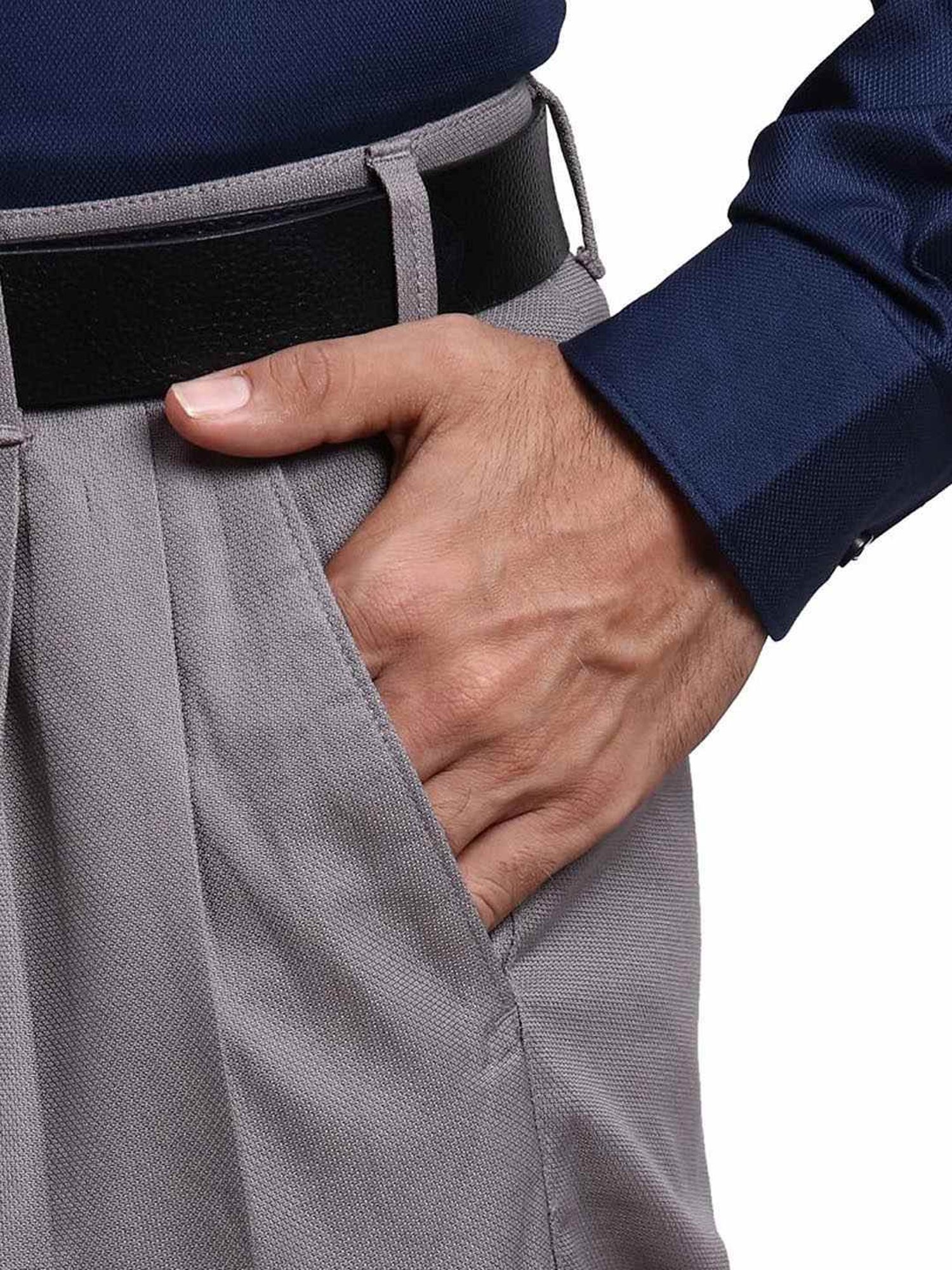 ColorPlus Grey Cotton Regular Fit Trousers