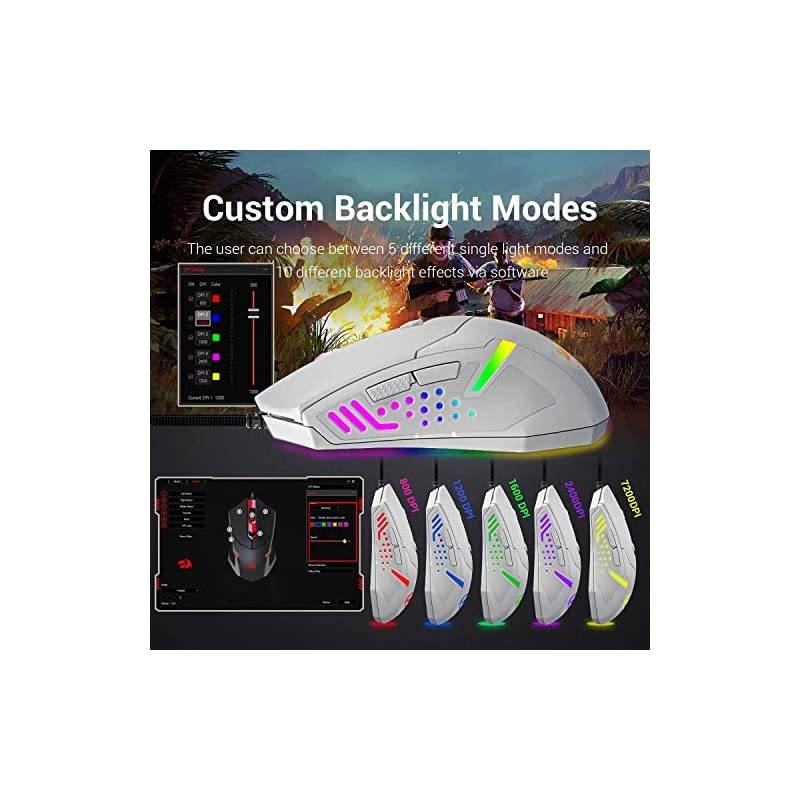 M601 RGB Gaming Mouse Backlit Wired Ergonomic 7 Button Programmable Mouse Centrophorus with Macro Recording Weight Tuning Set 7200 DPI for Windows PC White