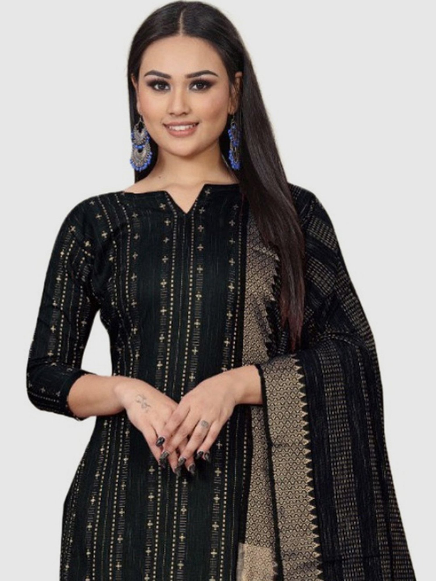 APNISHA Black Cotton Embroidered Unstitched Dress Material