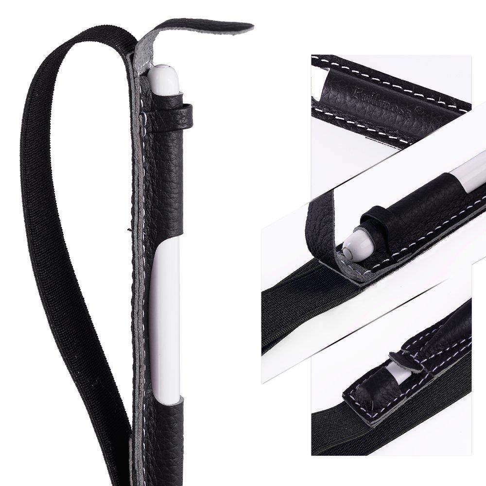 Fullmosa 4 Colors for Apple Pencil Holder, Genuine Litchi Texture Leather Apple Pencil Sleeve with USB pocket Handmade Compatible with iPad Pro 12.9" Cases, Black