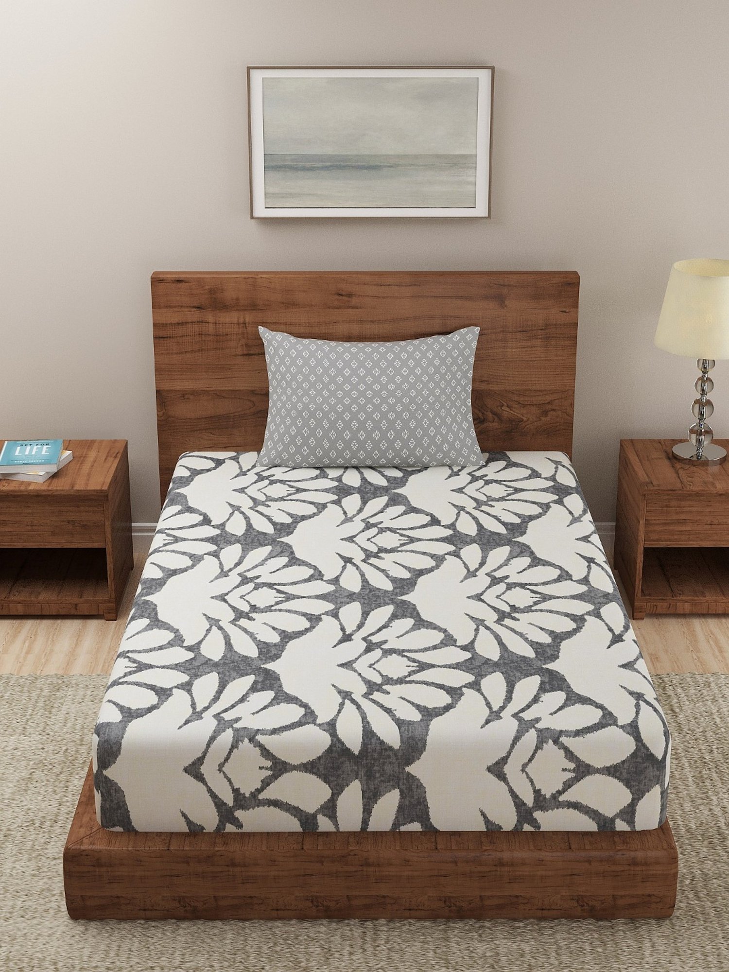 Dreamscape Floral Grey 140 TC Cotton Single Bedsheet with Pillow Cover