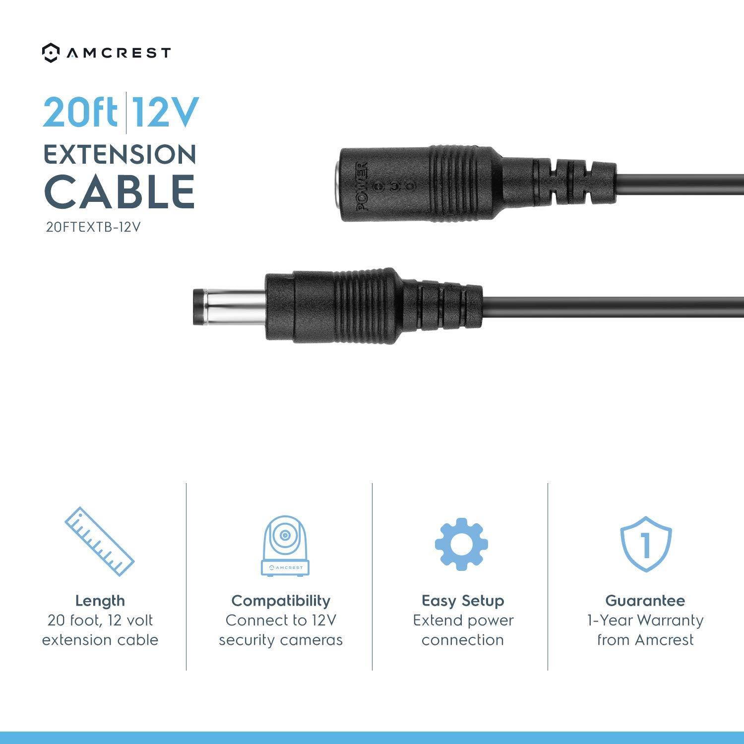 Amcrest Universal 12V DC Power Extension Cable (20ft) for Power Supply/Adapter / Outdoor Security Cameras, Compatible with All CCTV/IP Camera Brands, 5.5mm DC Plug, 20 Feet, Black (20FTEXTB-12V)