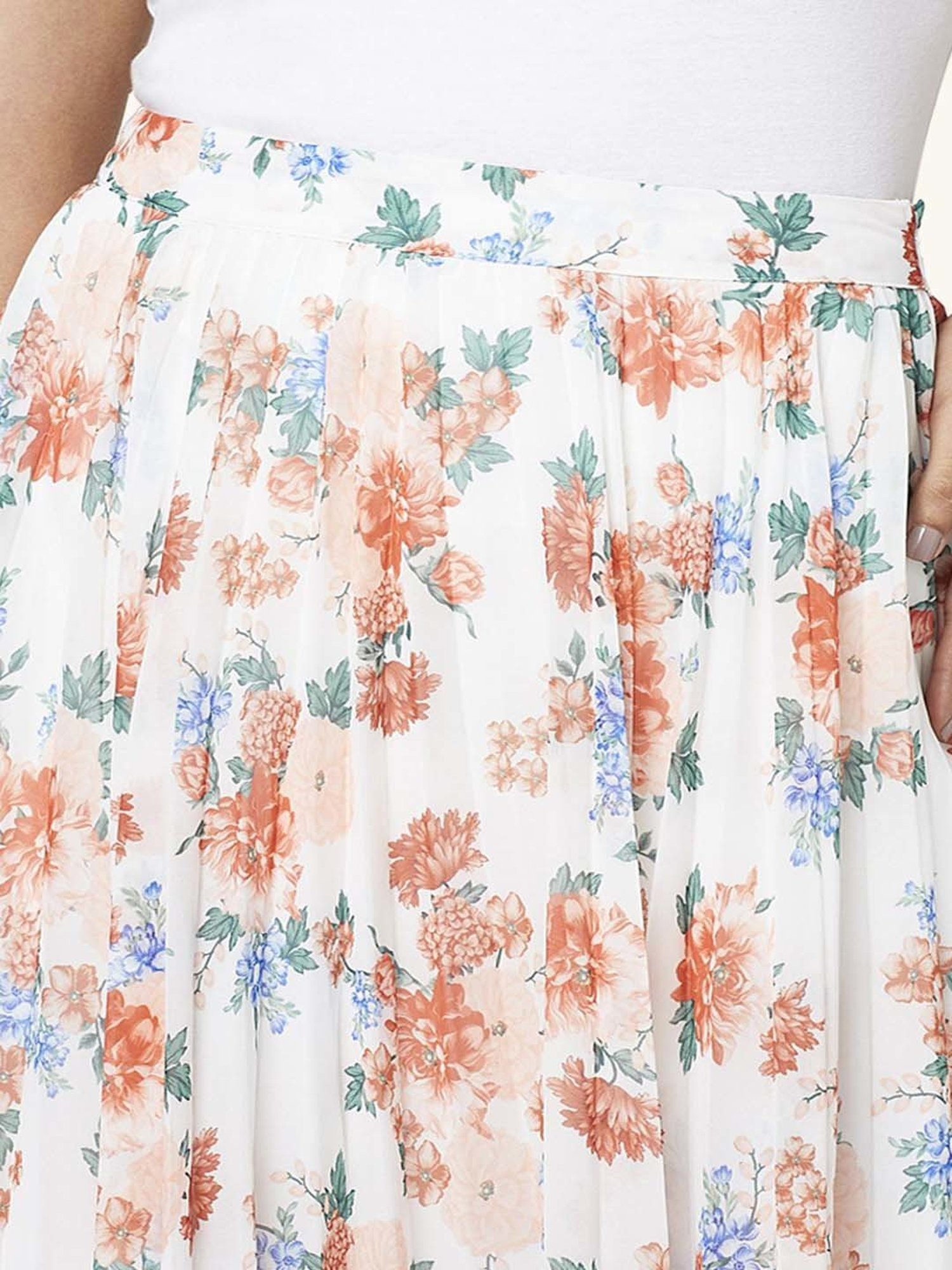 Honey by Pantaloons White & Peach Floral Print Assymetric Skirt