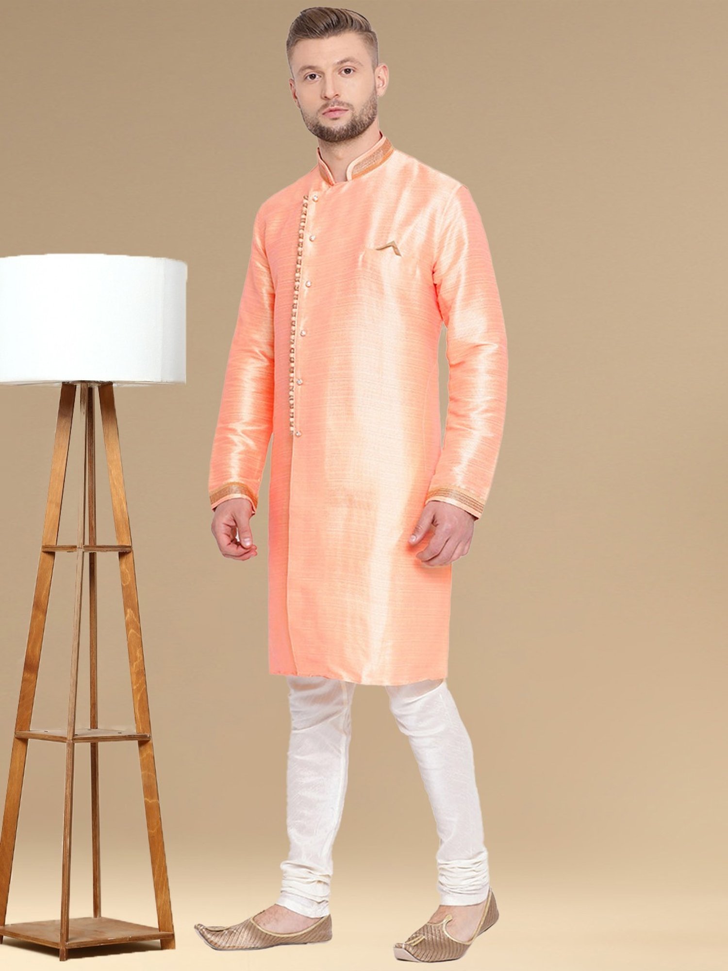 Sanwara Orange & White Cotton Regular Fit Texture Kurta Bottom Set