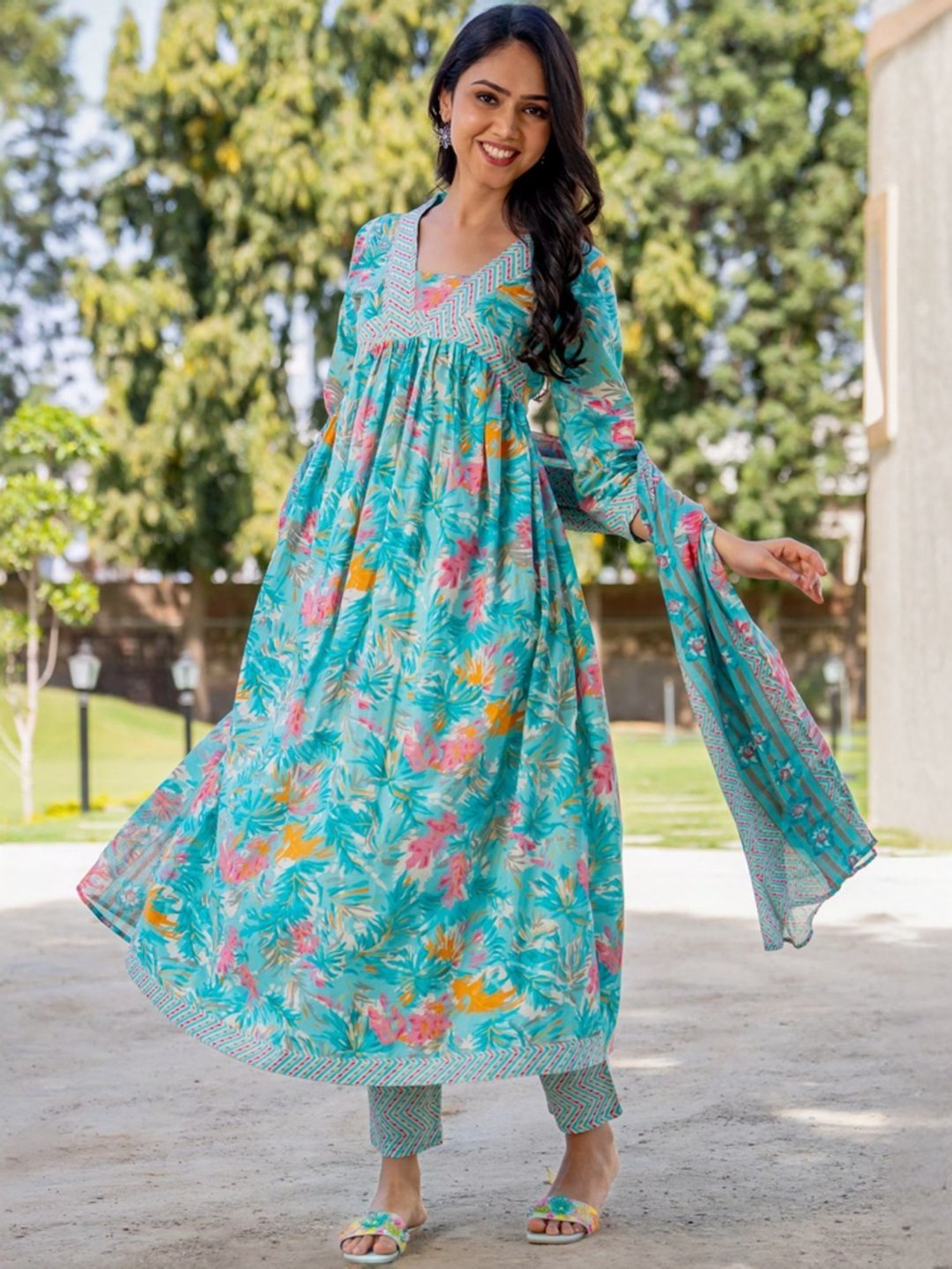 HOUSE OF JAMOTI Blue Cotton Printed Kurta Pant Set With Dupatta