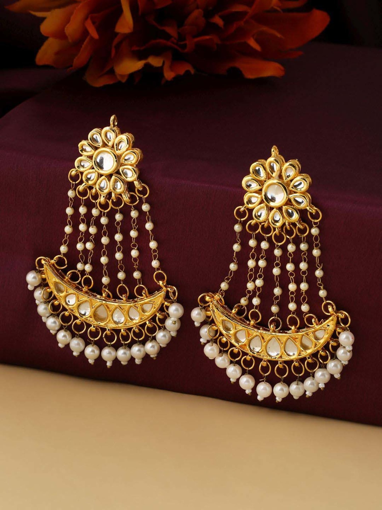 NVR Gold-Plated Kundan Chand Bali Earrings for Women