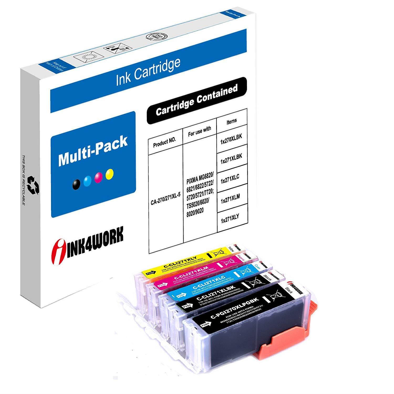 5 Pack INK4WORK Compatible Ink Cartridge Replacement for Canon PGI-270XL CLI-271XL PGI 270 CLI271 XL for Canon PIXMA TS5020 T6020 MG6820 MG6821 MG7720 MG5722 MG5720