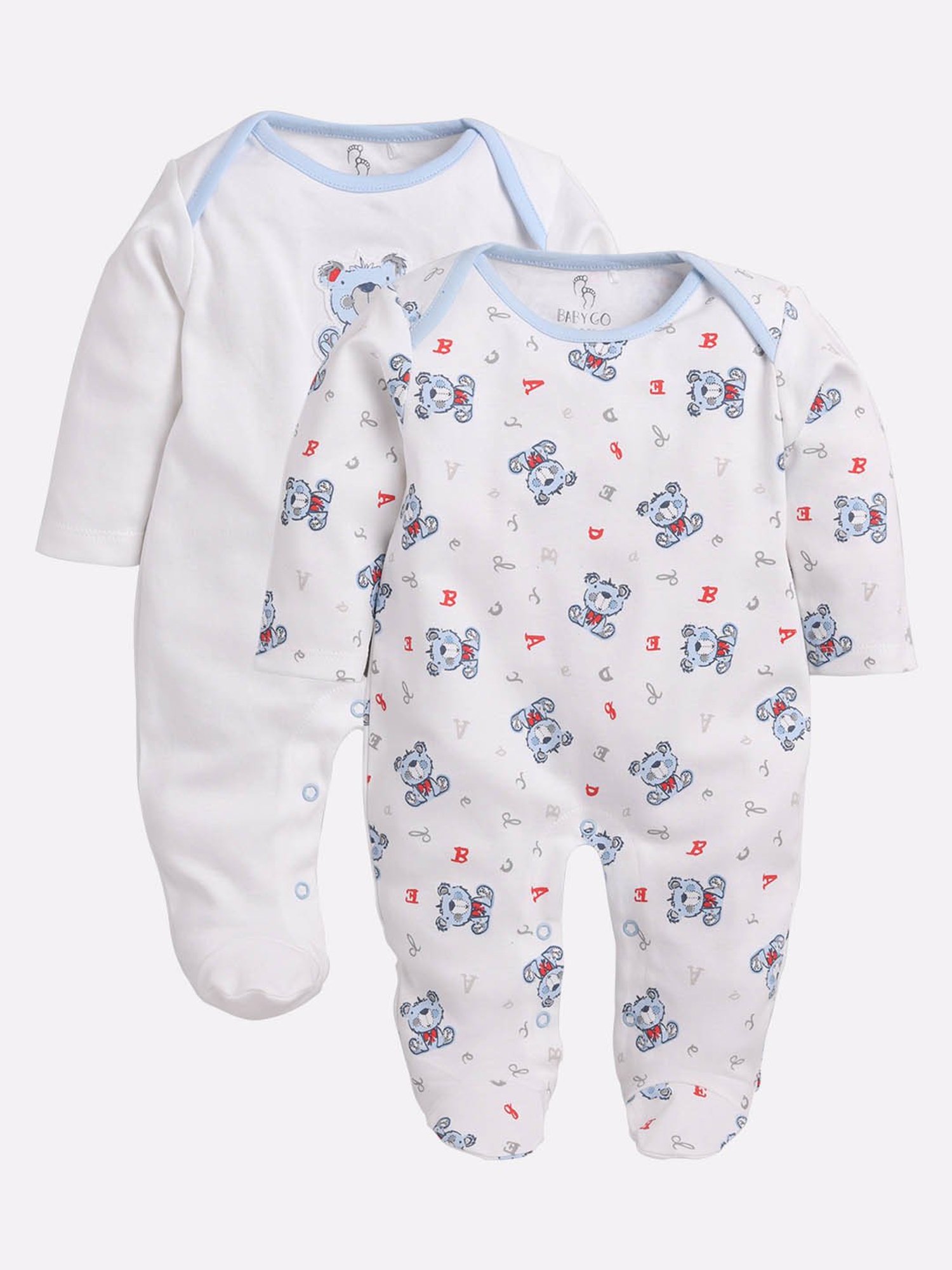 Baby Go Kids White & Blue Printed Rompers (Pack Of 2)