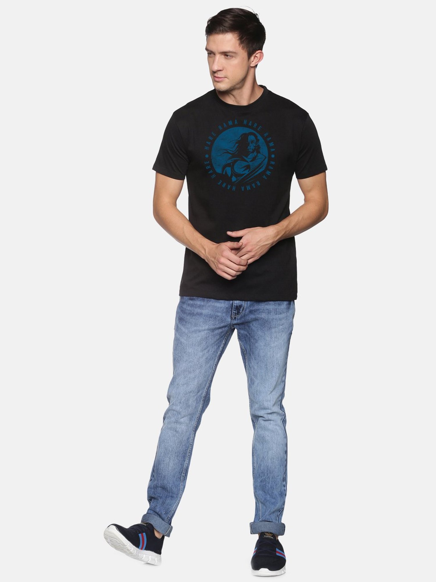 BLACK RADIO Black Slim Fit Printed Cotton Crew T-Shirt