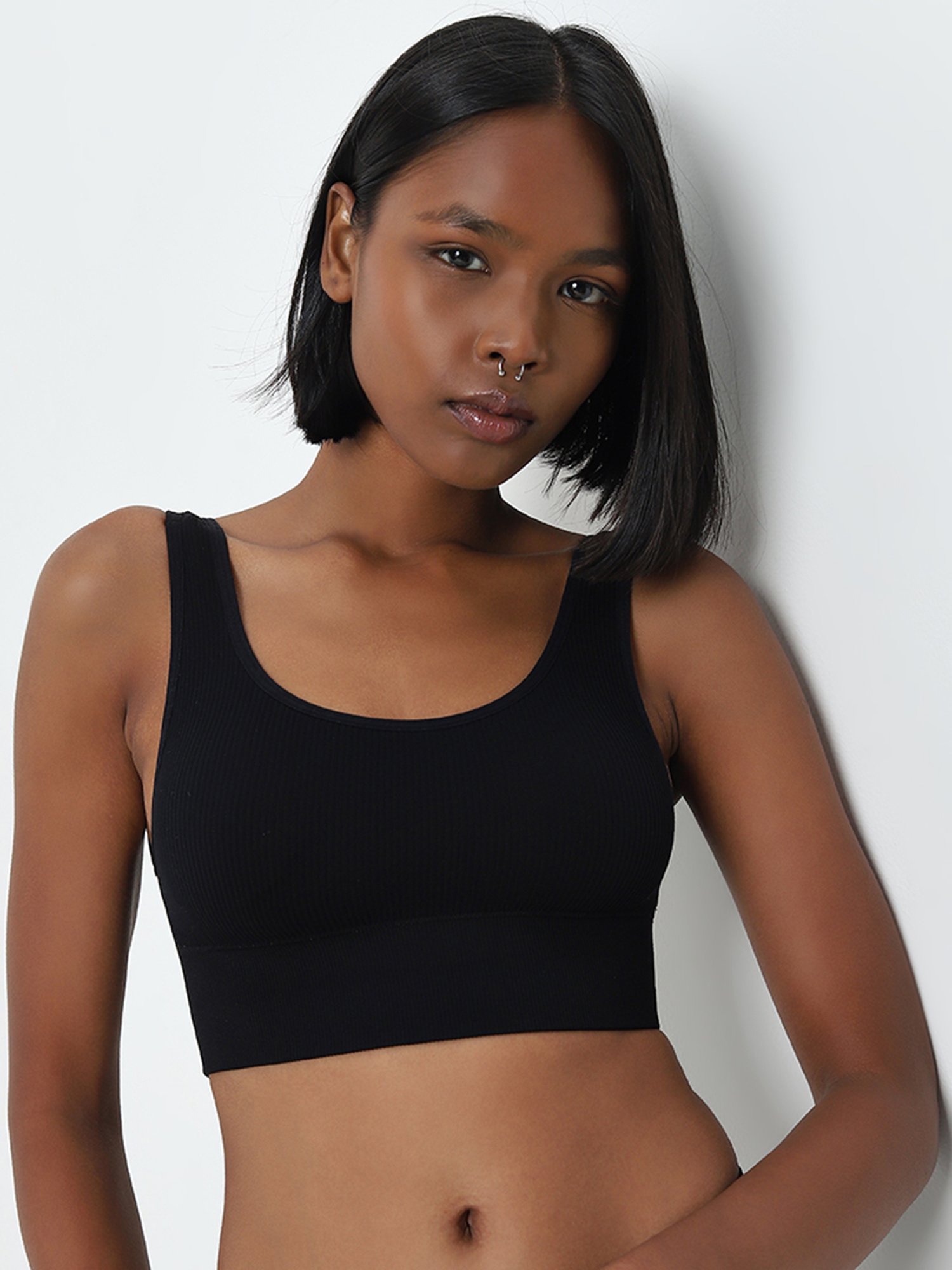 Superstar by Westside Black Ribbed Textured Sports Bra