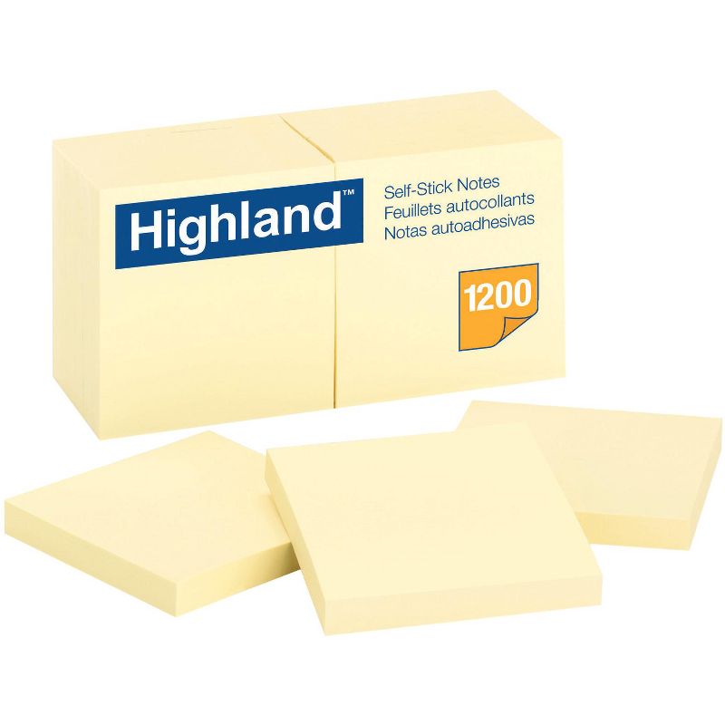 Highland Self-Stick Notes, 3 x 3 Inches, Yellow, Pad of 100 Sheets, pk of 12