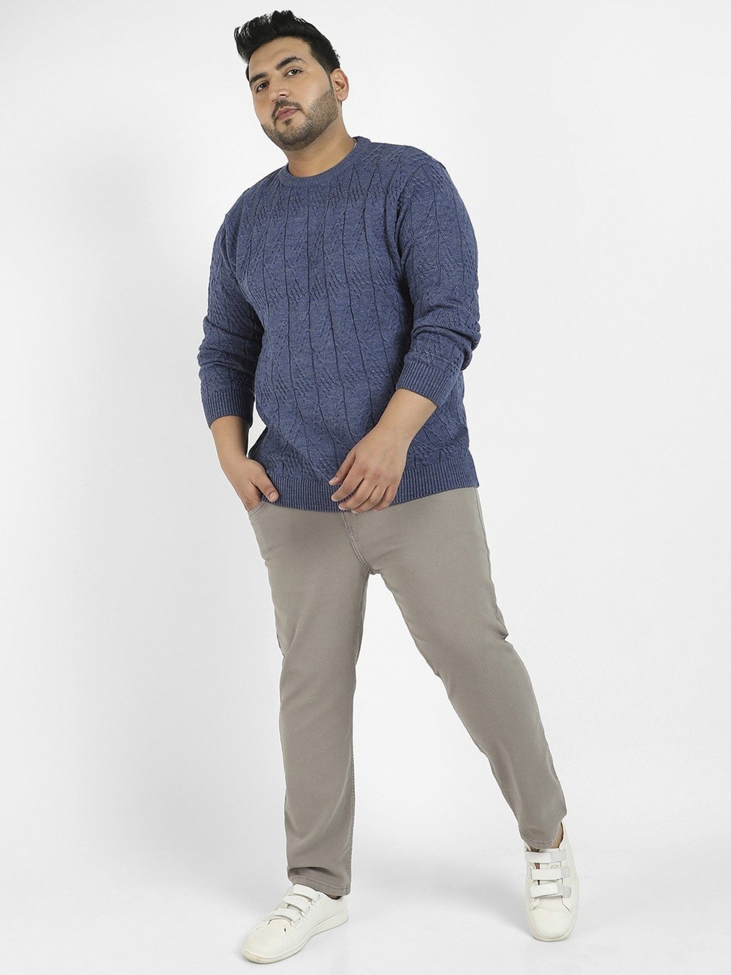 Instafab Plus Blue Regular fit Self Pattern Plus Size Sweater