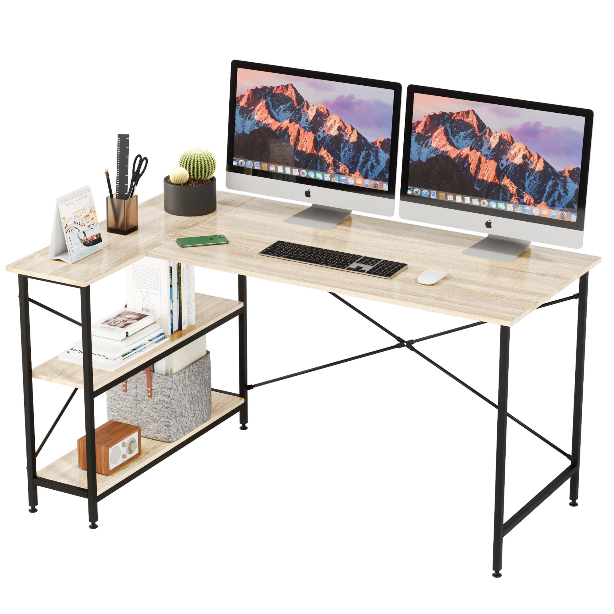 Bestier L Shaped Desk with Storage Shelves 55 Inch, Reversible Computer Desk with Storage Tower Shelf Home Office Corner Desk Writing Study Table Large Workstation Easy Assemble (Oak, 55 Inch)