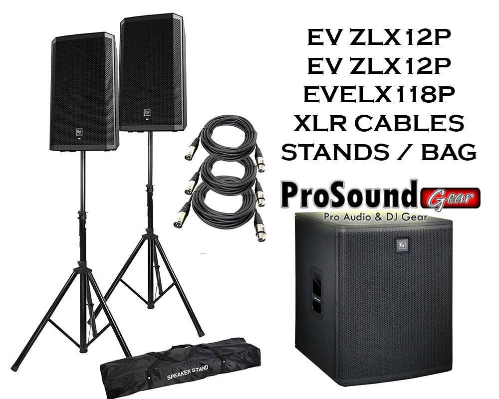 Electro-Voice ZLX-12P 12" 2-Way Powered Loudspeaker (Pair) / (1) ZLX118P Subwoofer / (2) Xlr to Xlr Cables 20ft ea / (Pair) Speaker Stand w/ Bag