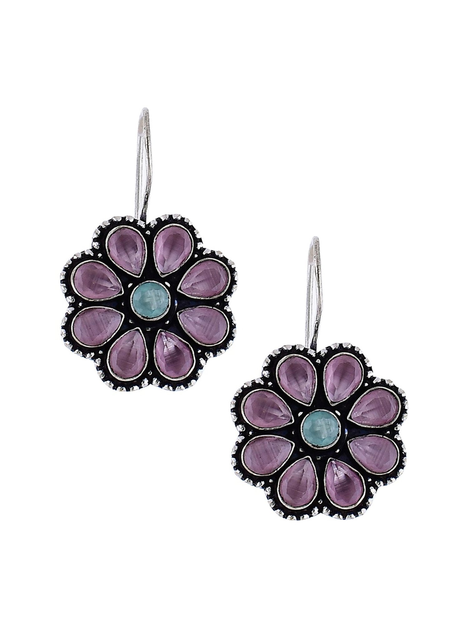 Imli Street Pink-Green Silver Tone Stone-Studded Handcrafted Drop Earrings