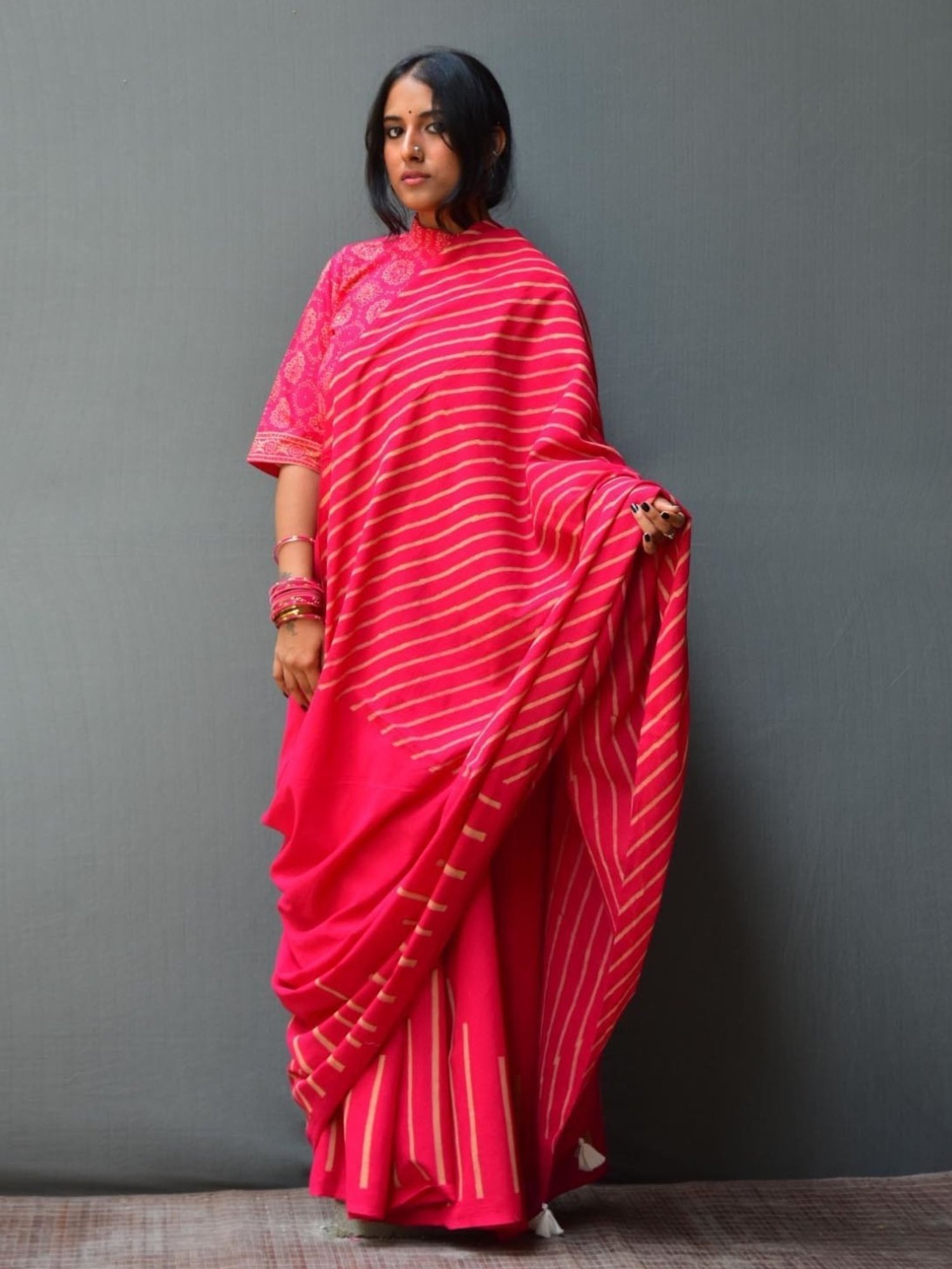 Chidiyaa Pink Rangeen Gulaabi Handblock printed Mulmul Cotton Saree