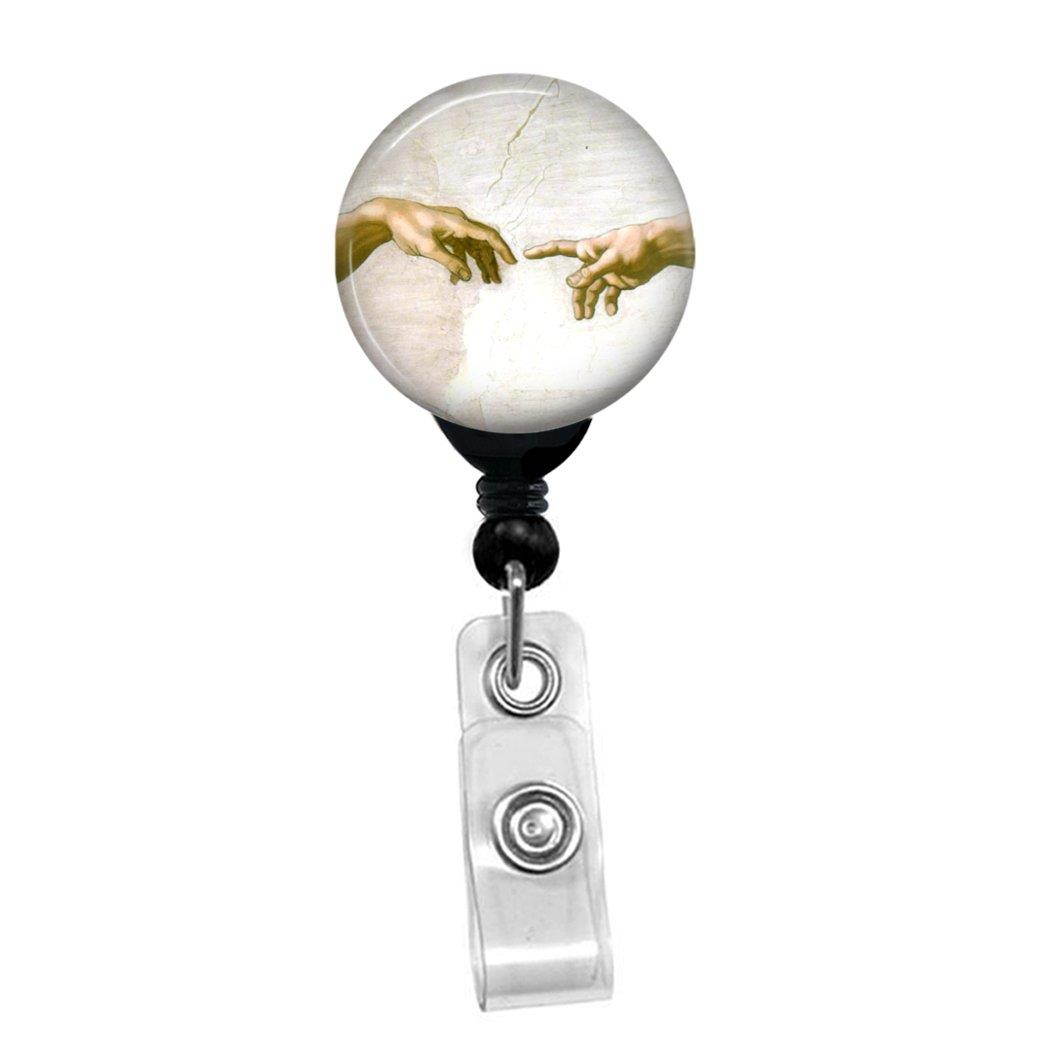 Michelangelo - The Creation of Adam - God And Adam ID Name Custom Badge Holder - Nurse Badge Reel (Black Badge Reel with Spring Pinch Clip)