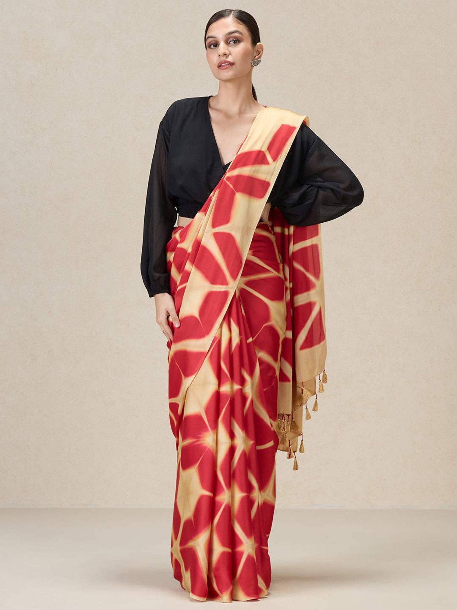 navyasa by liva Beige & Red Printed Saree With Unstitched Blouse