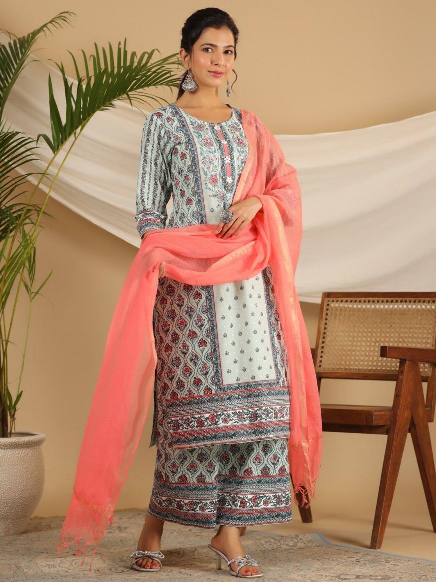 Juniper Mint Ethnic Motif Print Cotton Kurta Palazzos & Kota Doria Dupatta With Beads & Sequins