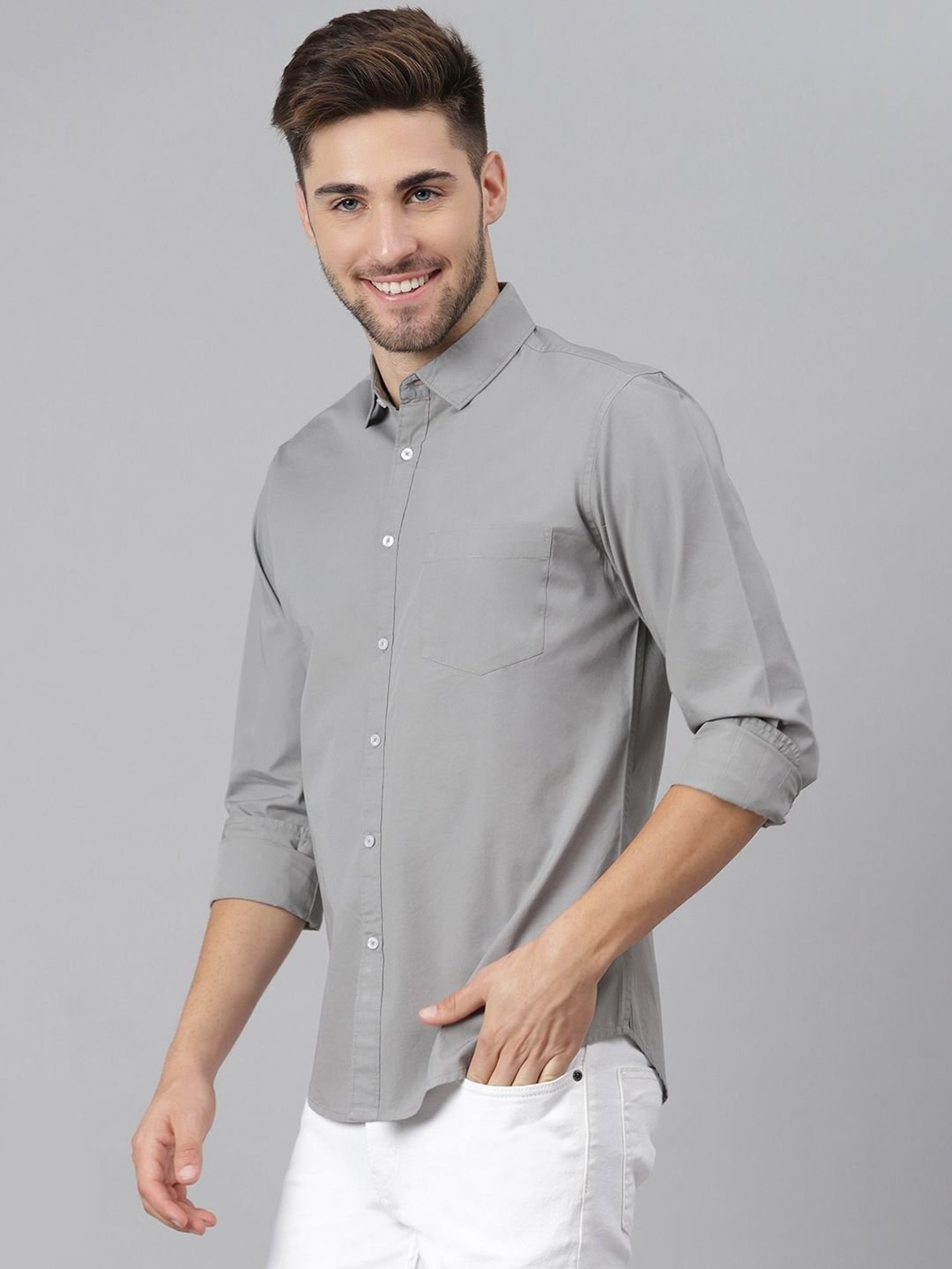 Dennis Lingo Grey Cotton Slim Fit Shirt