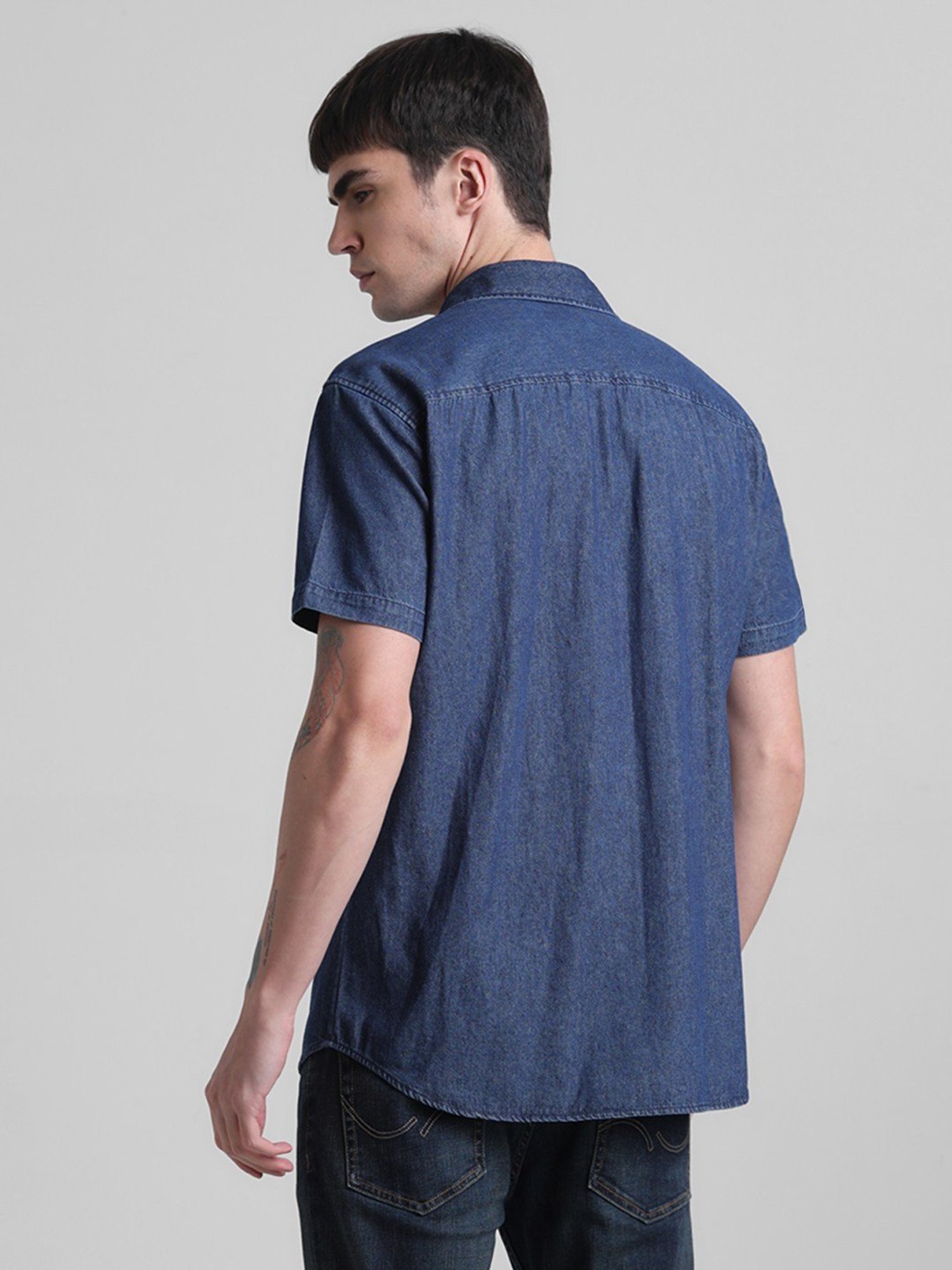 Jack & Jones Dark Blue Denim Cotton Regular Fit Denim Shirt