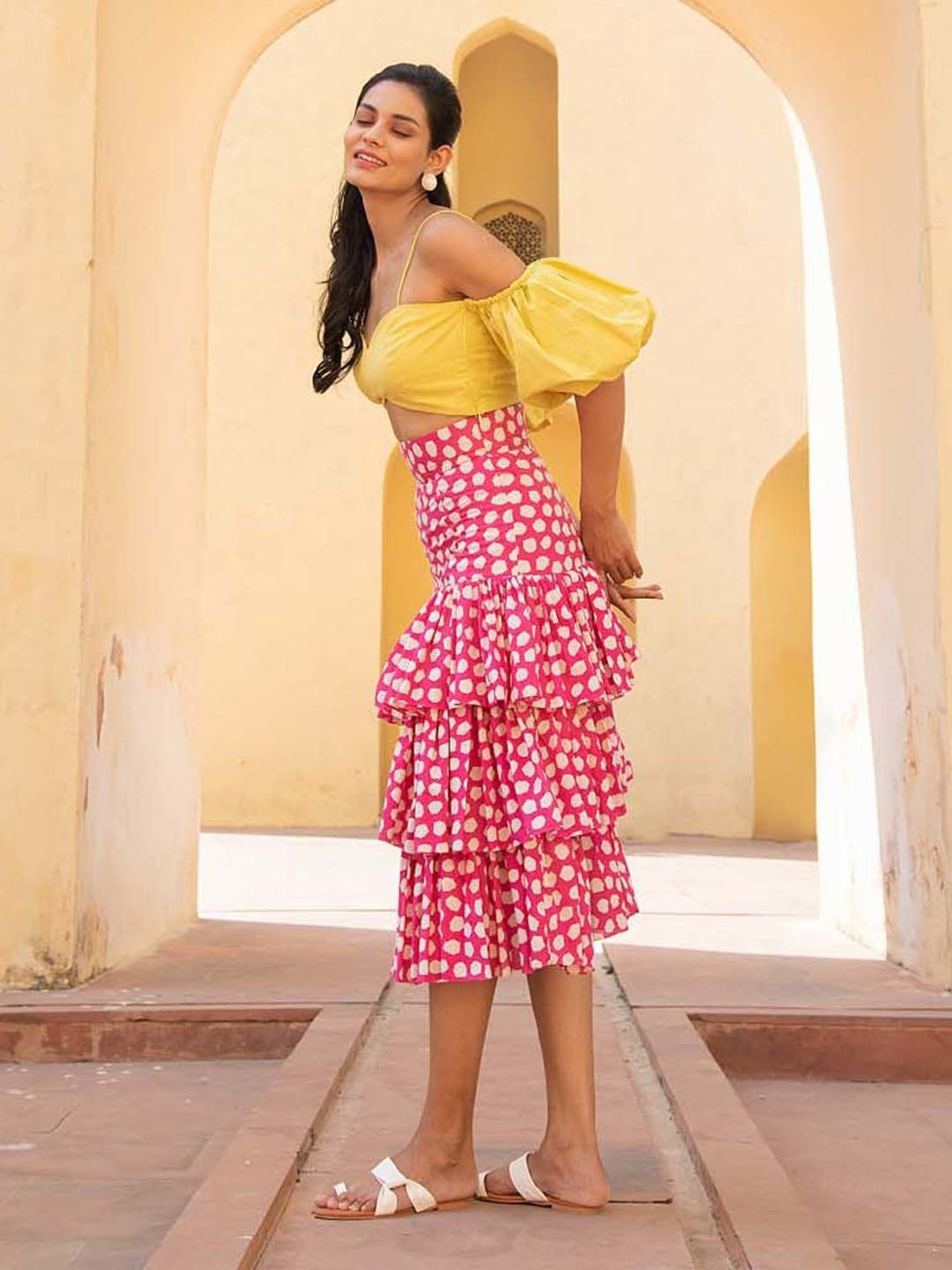 KAORI BY SHREYA AGARWAL Yellow & Pink Cotton Crop Top Skirt Set