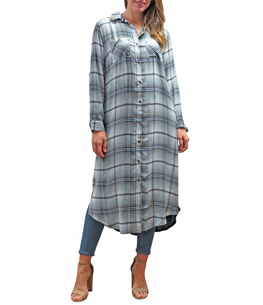 Karyn Seo Evie Long Sleeve Embroidered Velvet Back Plaid Duster
