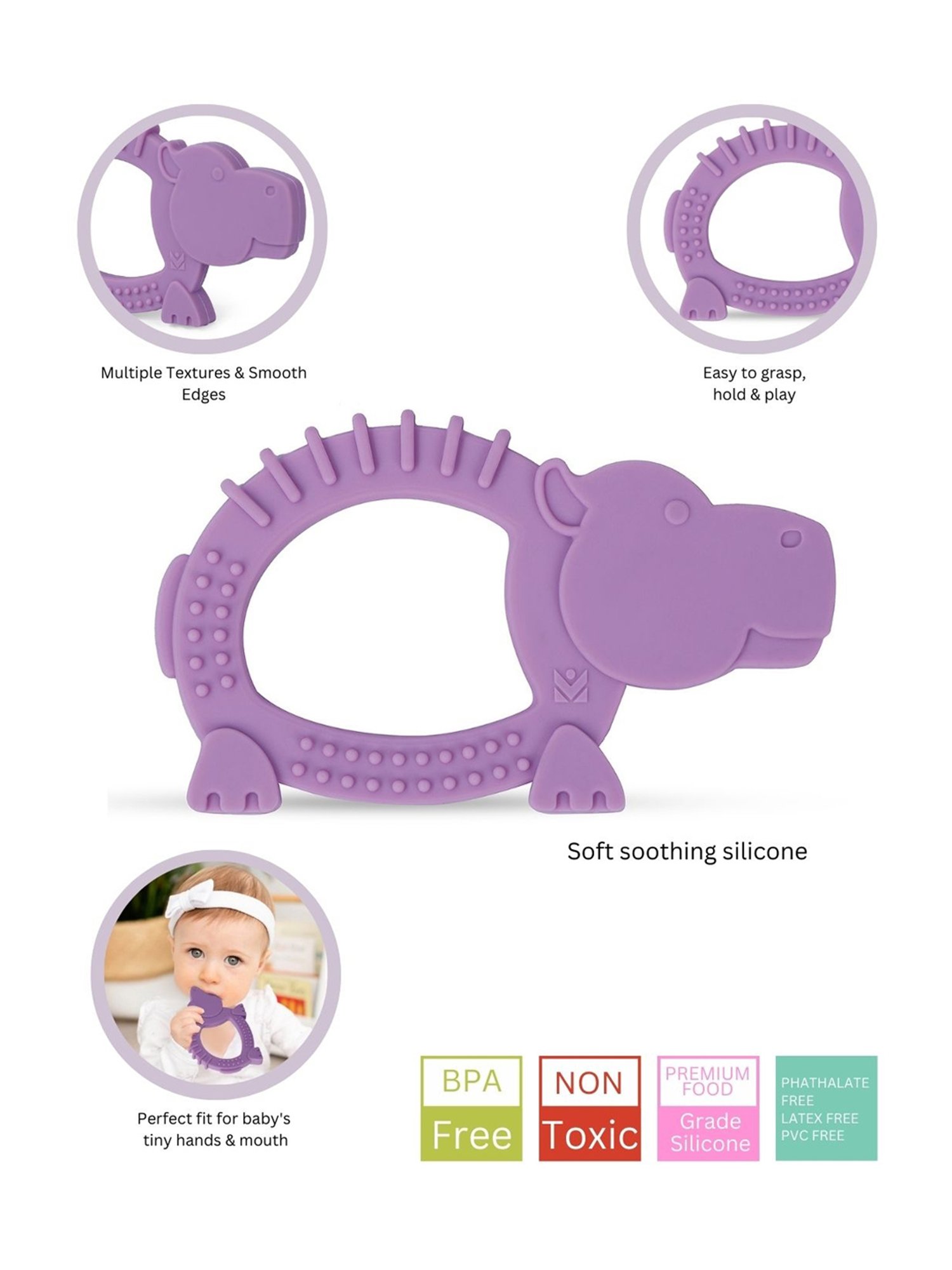 Baby Moo Kids Purple Hippo Soothing Silicon Teether (BPA & Toxin Free)