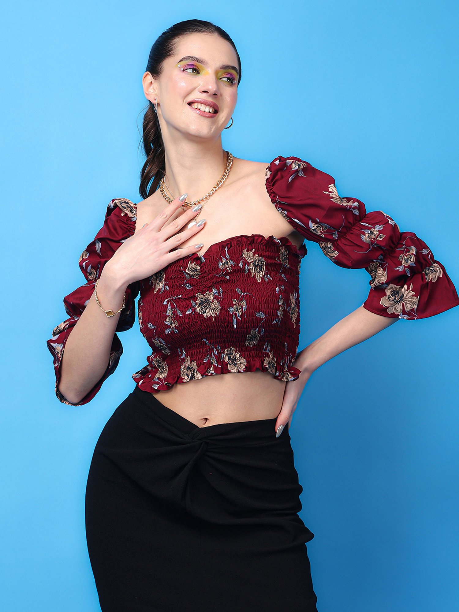 Scorpius Maroon Floral Print Crop Top