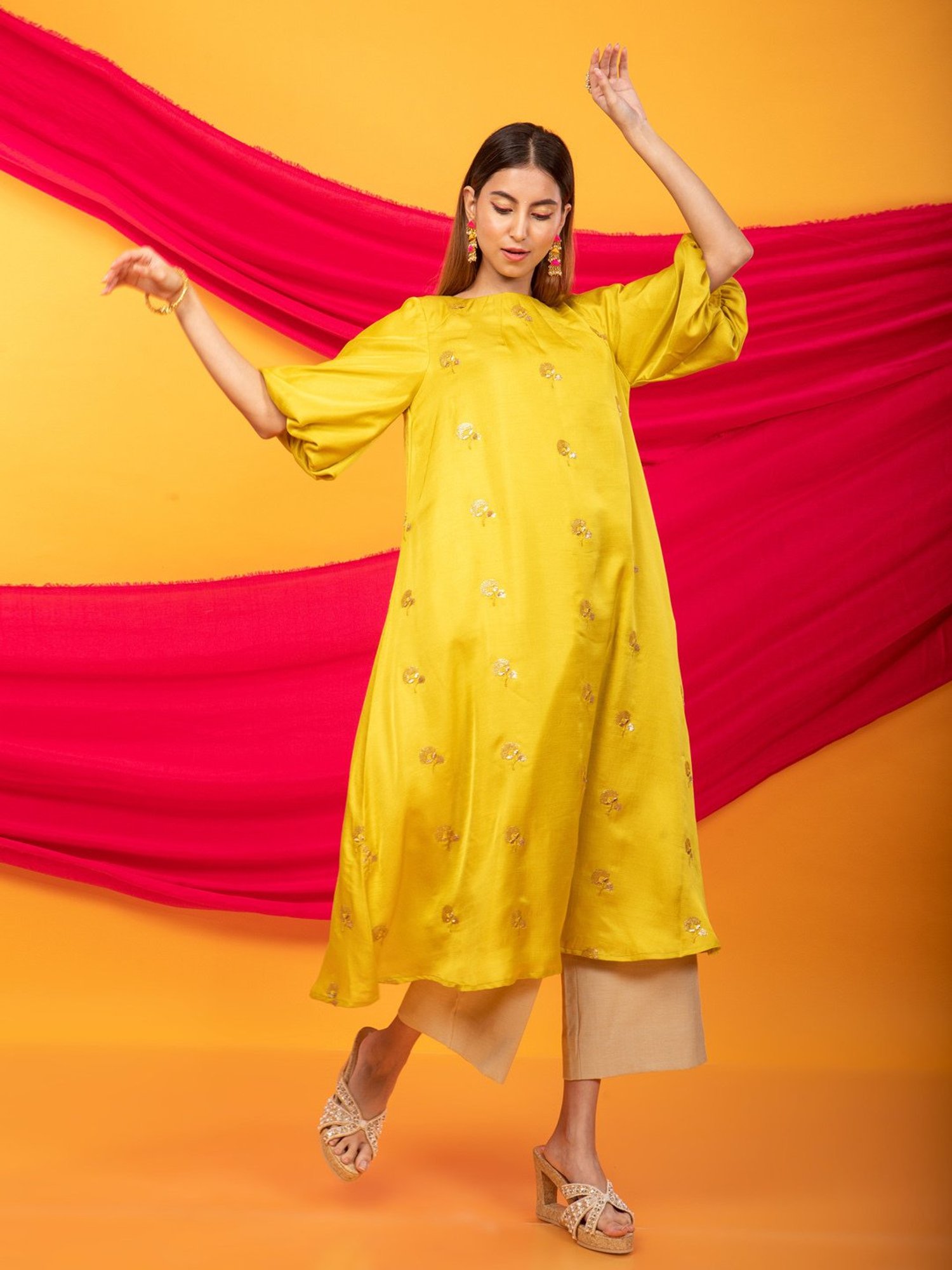 Monk & Mei Nusrat Assymetrical Kurta and Pant Co-ord Set-Canary Yellow