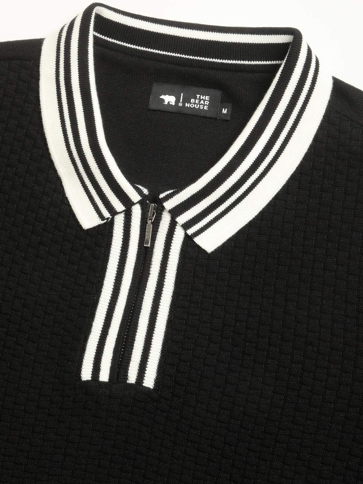 The Bear House Black Cotton Regular Fit Self Pattern Polo T-Shirt