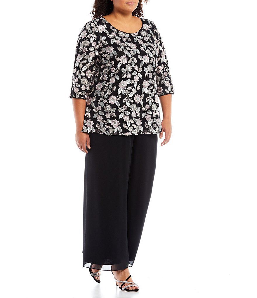 Alex Evenings Plus Size Jewel Neck 3/4 Sleeve Floral Sequin Embroidered Tunic