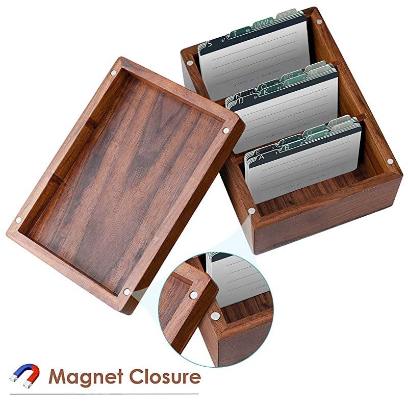 Business Card Holder 2.2 x 3.5 inches Index Cards Organizer Wood Cards Box Business Cards File Storage Index Card Organizers, 3 Divider Boards for 300 Cards, A-Z Guides, 6.3 x 4.5 x 3 inches
