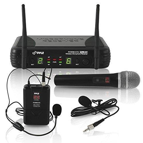 pyle dual channel uhf wireless microphone system handheld mic, headset, belt pack, lavelier/lapel mic with 8 selectable frequency independent volume controls af & rf signal indicators pdwm3378
