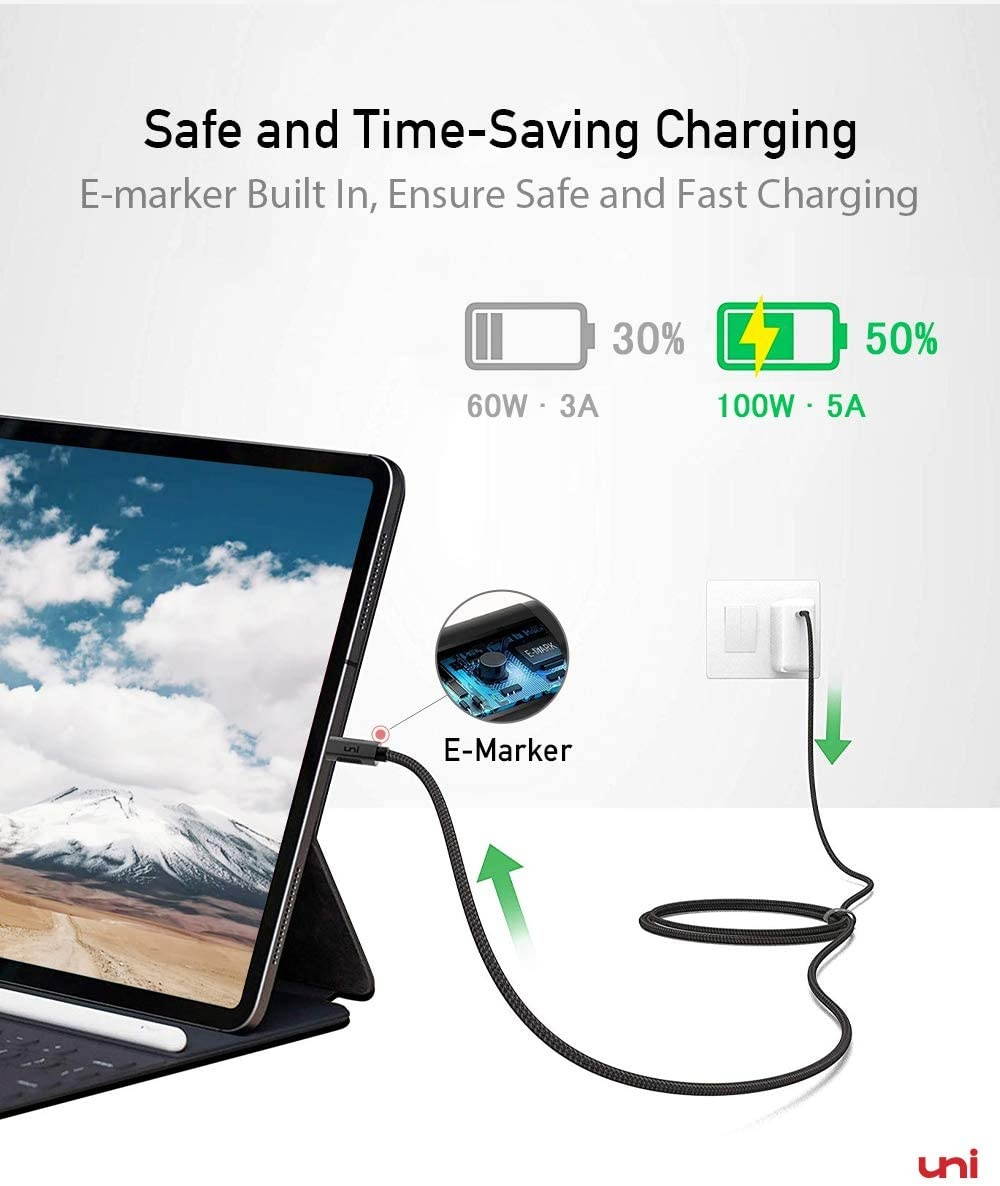 USB C to USB C Cable 100W 10ft uni Long USB Type C 5A Fast Charging Nylon Braided Cord Compatible with MacBook Pro 2020/2019/2018 iPad Pro 2020 Dell XPS 15/13 and More
