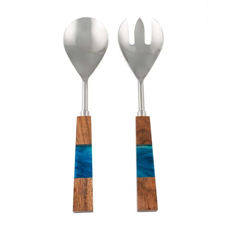 2pc Stainless Steel Salad Servers with Wood Handles Blue - Thirstystone