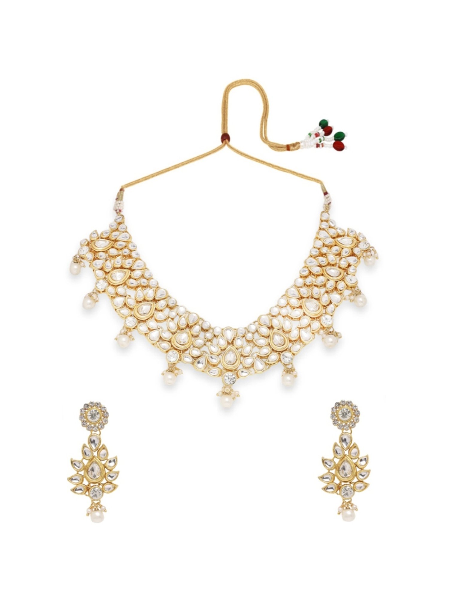 Oomph Gold Tone Kundan & Pearls Heavy Ethnic Necklace with Earrings Set