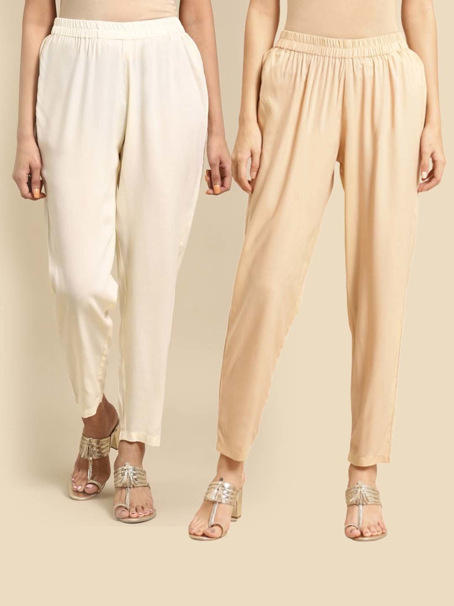 Rangita Beige & White Straight Pants - Pack Of 2