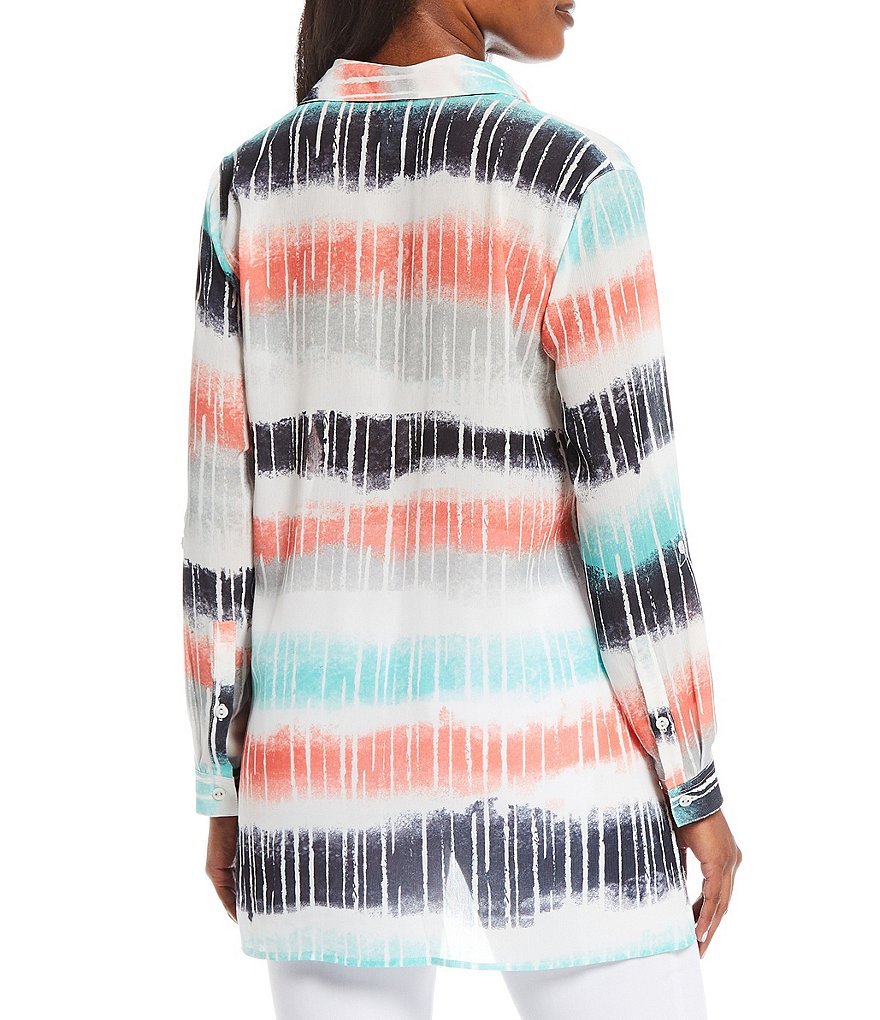 Multiples Ombre Stripe Crinkle Woven Roll-Tab Sleeve Hi-Low Button Down Shirt