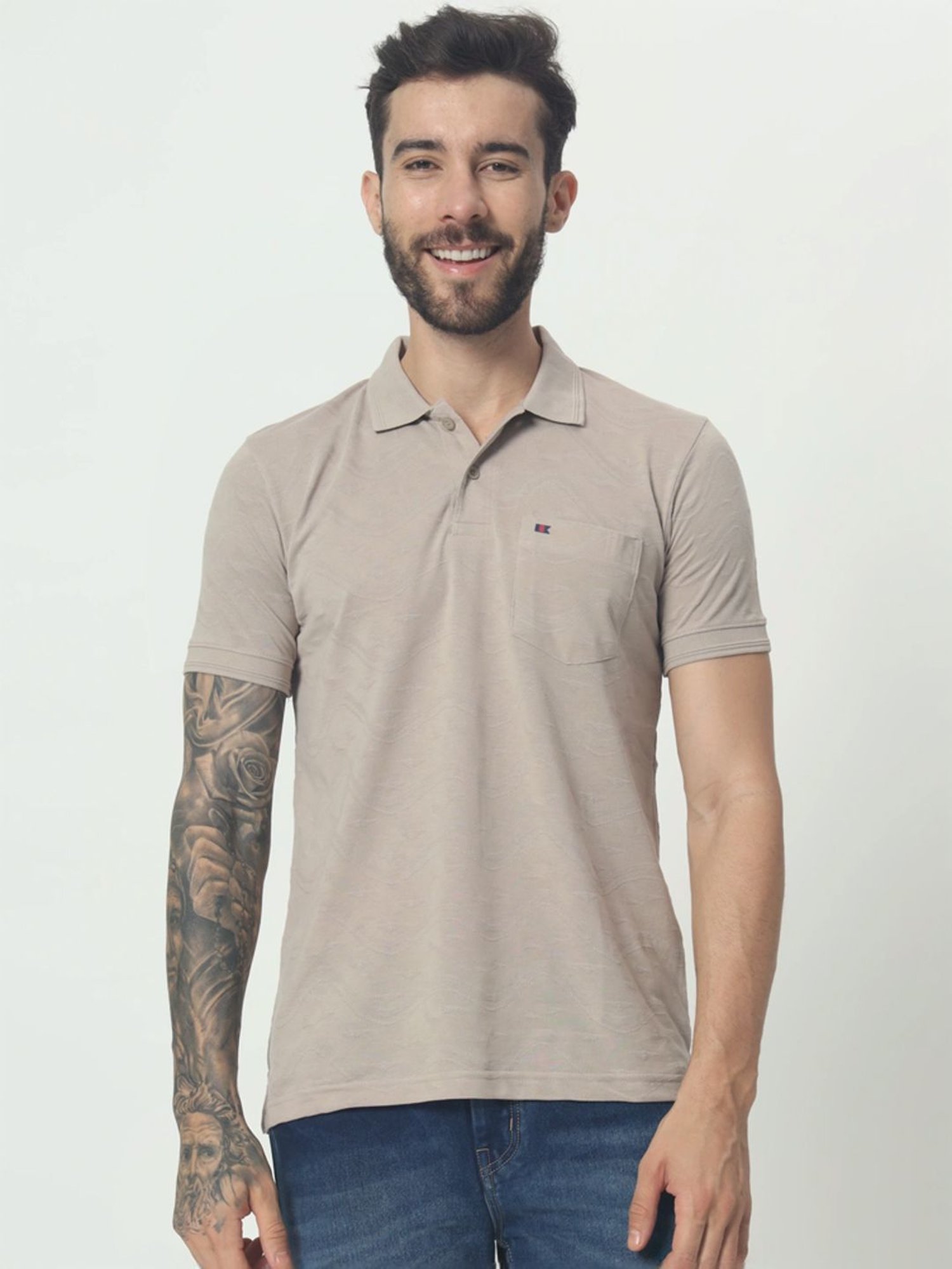 Tab91 Grey Regular Fit Self Pattern Polo T-Shirts