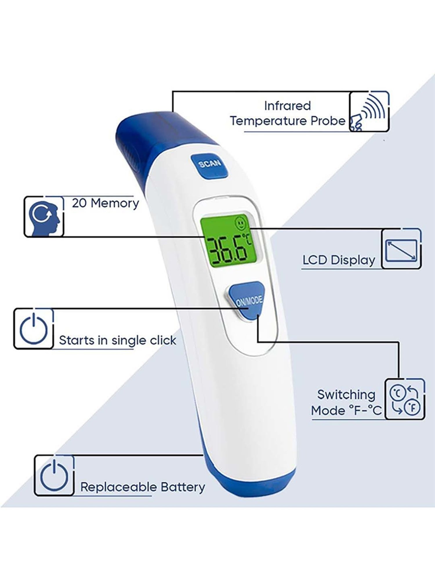 Ozocheck Non-Contact Forehead (IR) Thermometer (White & Blue