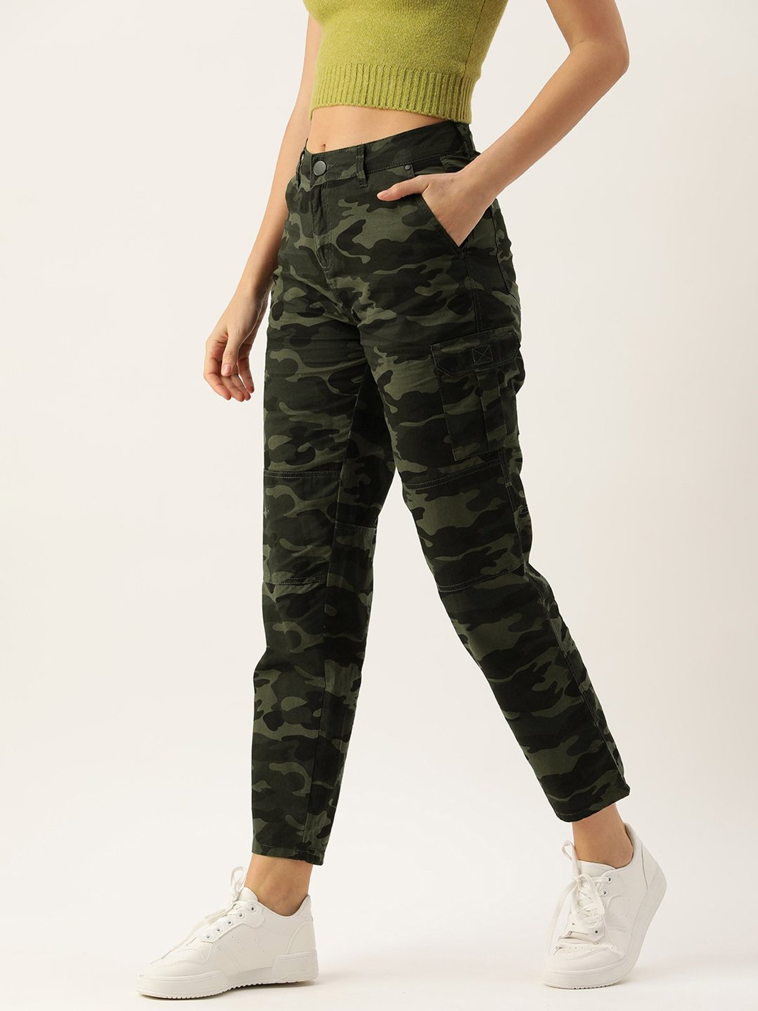 IVOC Olive Cotton Camo Print Slim Fit Mid Rise Cargo Pants