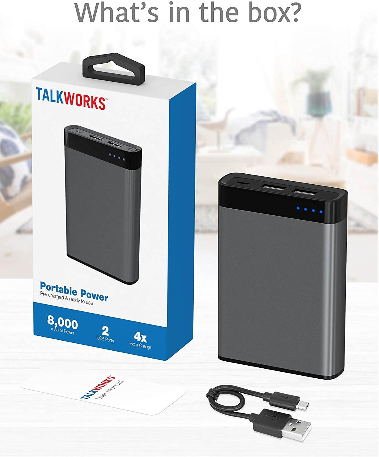 TalkWorks Portable Charger Power Bank USB Battery Pack 8000 mAh - External Cell Phone Backup Supply for Apple iPhone 12 11 XR XS X 8 7 6 SE iPad Android for Samsung Galaxy - Space Grey